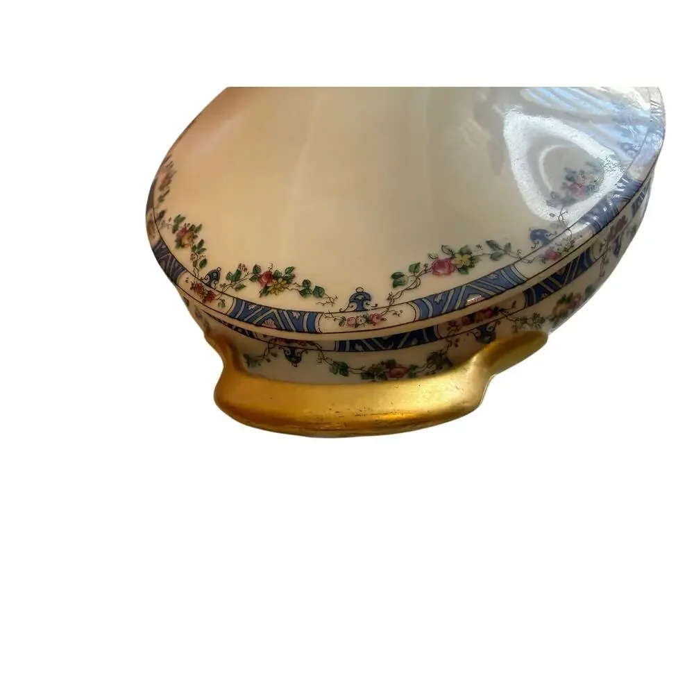 Vintage T&V Limoges France Oval Lidded Dish Blue Vine Pattern Gold Handles
